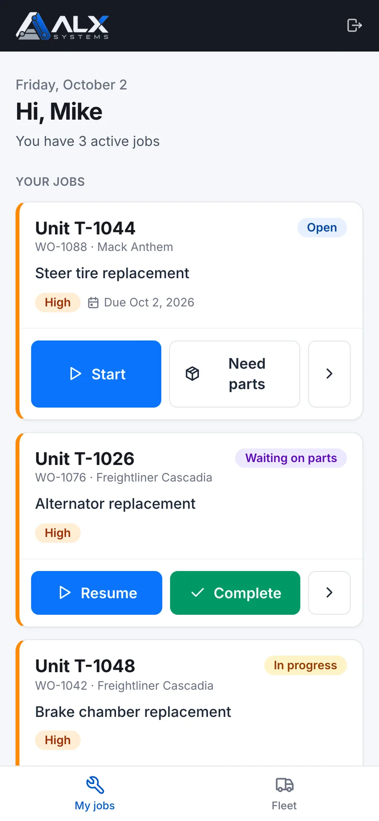 ALX Shop mechanic app: My jobs