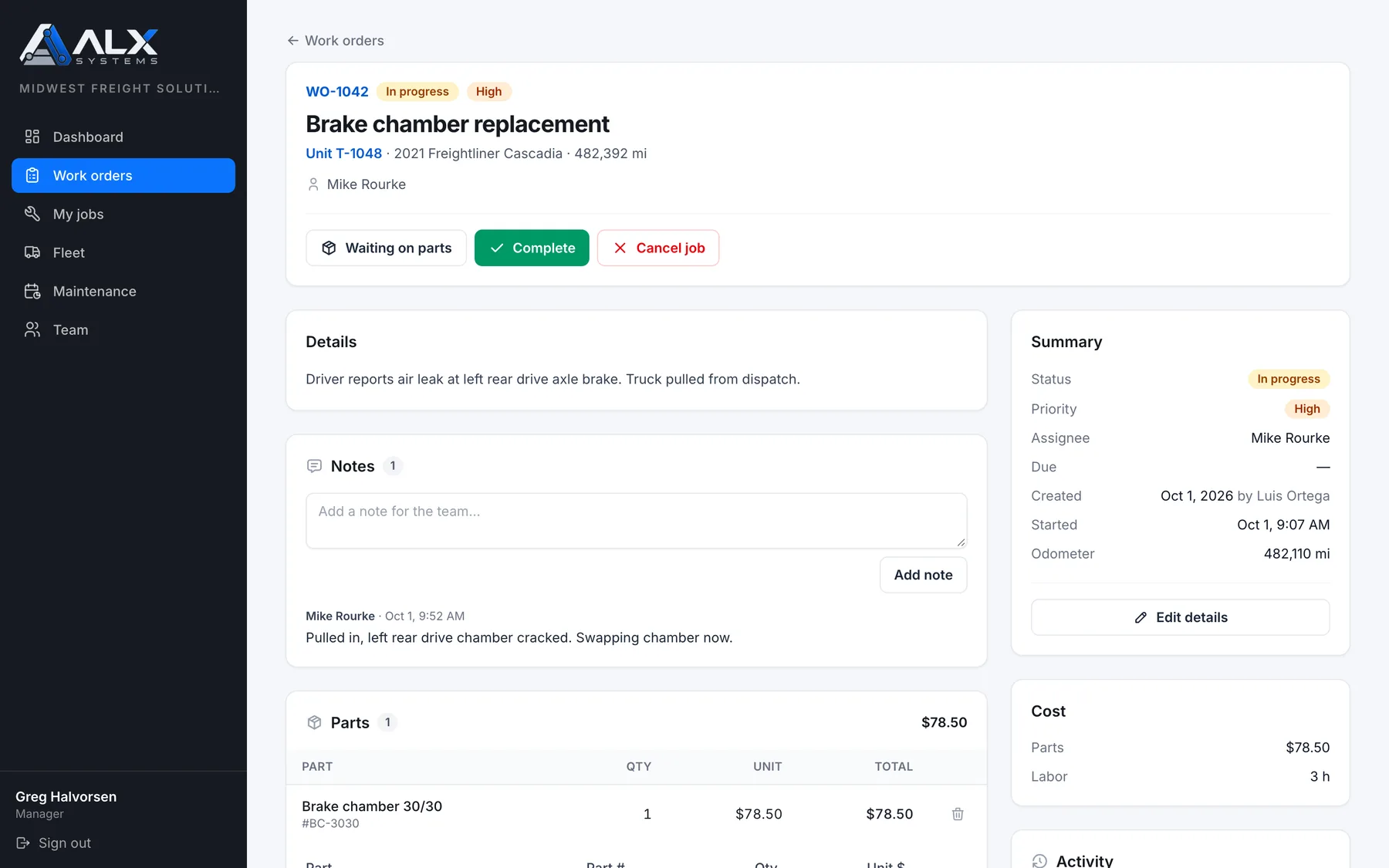 An ALX Shop work order with parts, labor and activity history